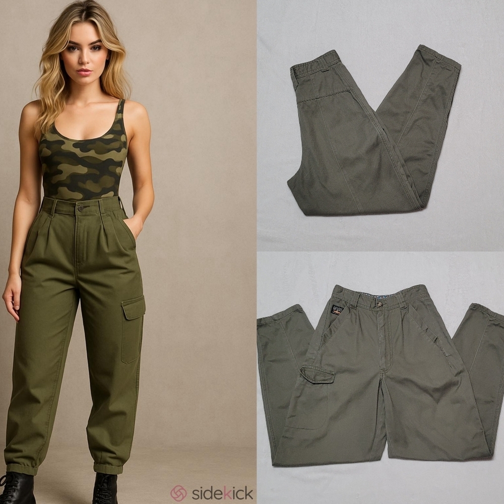 Rare Vintage 80s Bugle Boy Off Duty Olive Green Extra High Waisted Cargo Pants S